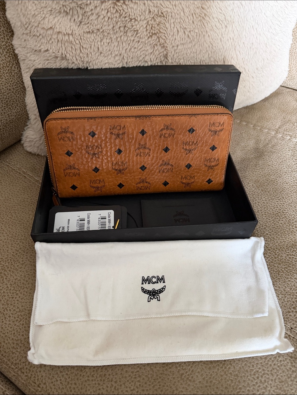 MCM Cognac Logo Zip-Around Wallet with Gold Hardware
